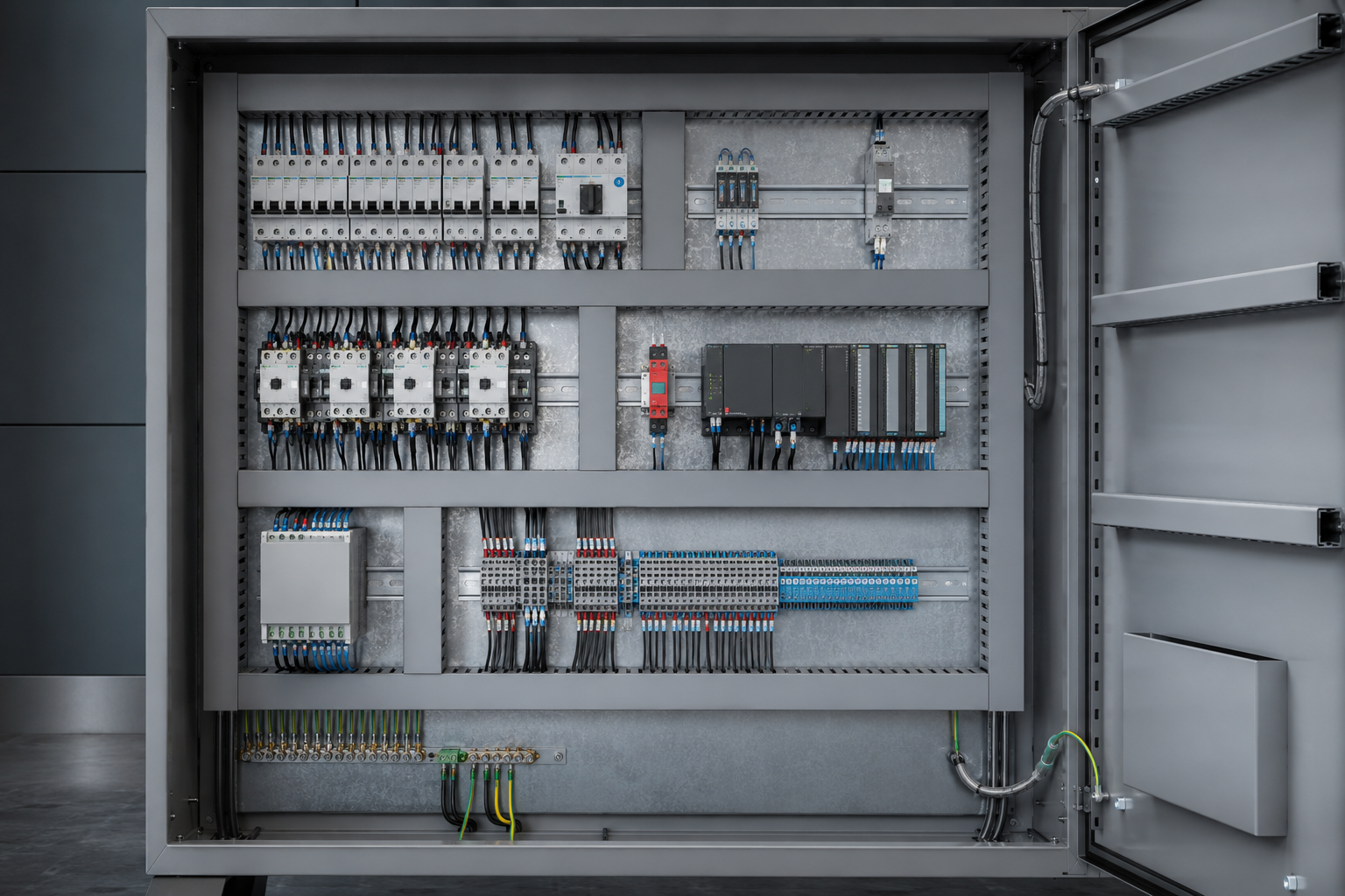 Layout interno fotorealista de painel elétrico industrial